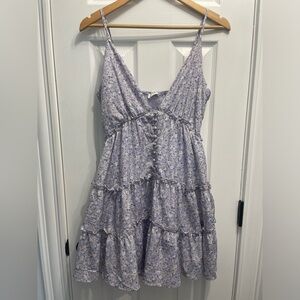 15-NWT Storia Floral Print Babydoll Ruffles Mini Dress Lavender Med. Cottagecore